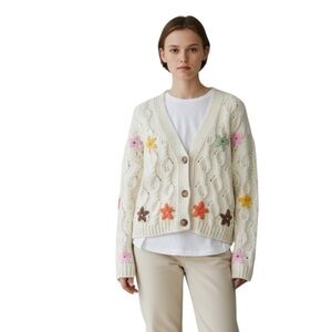 Knit Floral 3-D Embellished Wool Blend Button Front Cardigan Womens Size Medium